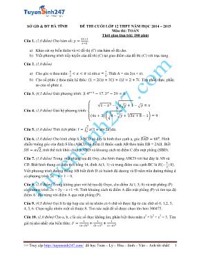 Đề thi cuối Lớp 12 môn Toán - Năm học 2014-2015 - Sở GD & ĐT Hà Tĩnh (Có đáp án)